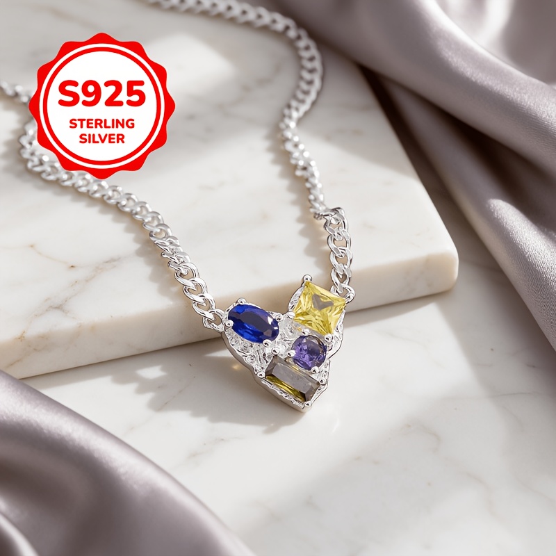Women's 925 Sterling Silver Colored Heart Collarbone Necklace